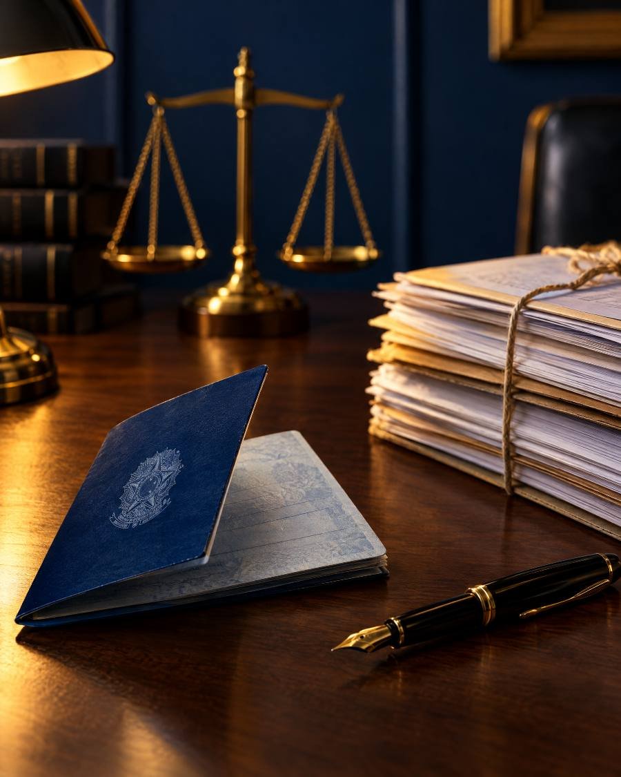 Mesa de advogado com carteira de trabalho, processos e balança da justiça